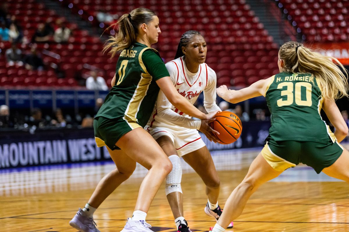 UNLV Lady Rebels forward Meadow Rowland (32) drives to the basket during a Mountain West Tournament semifinal game between UNLV Lady Rebels and the Colorado State Rams, Monday March 9, 2026 in Las Vegas, Nev.