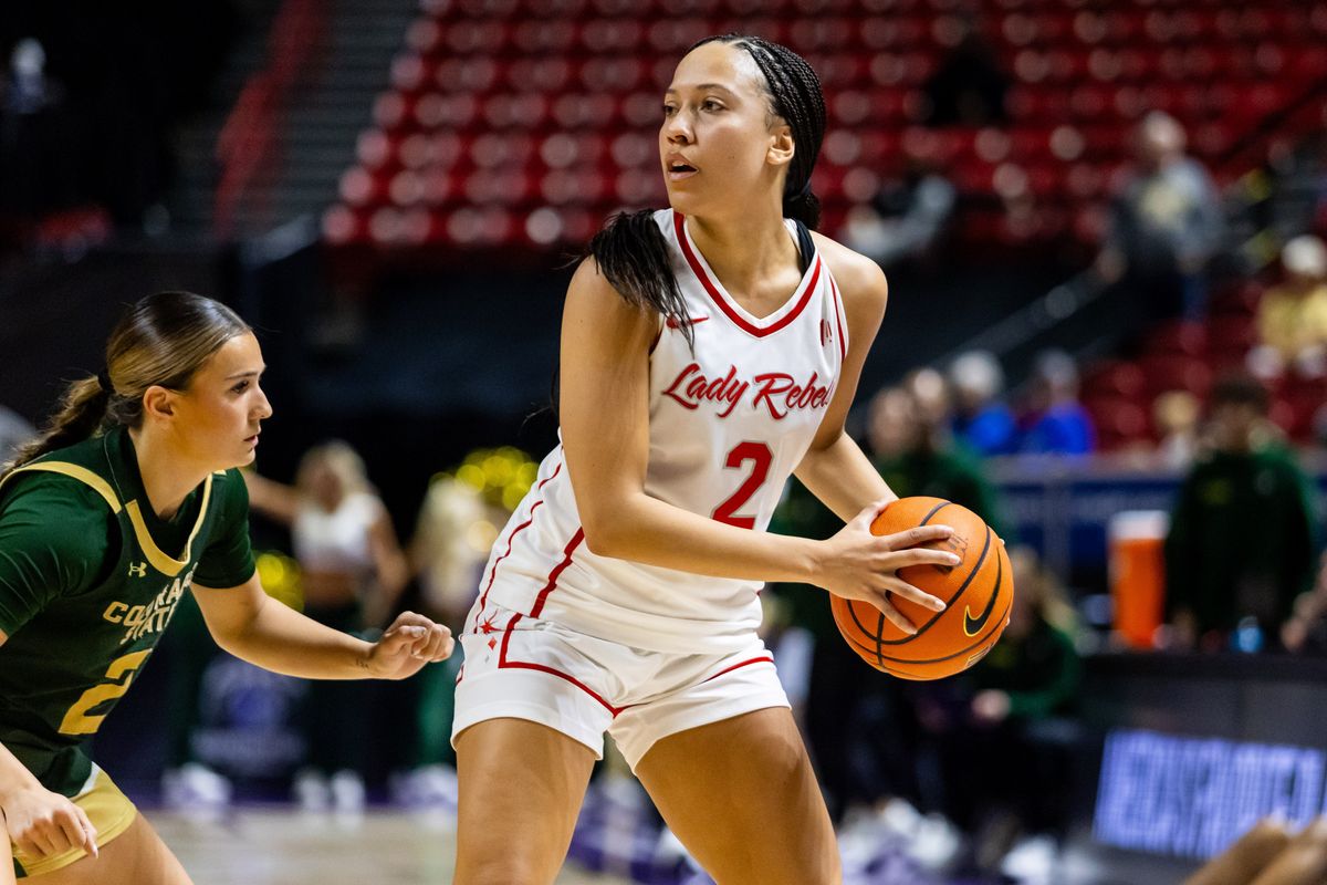 UNLV Lady Rebels guard Mariah Elohim (2) looks to pass the ball during a Mountain West Tournament semifinal game between UNLV Lady Rebels and the Colorado State Rams, Monday March 9, 2026 in Las Vegas, Nev.