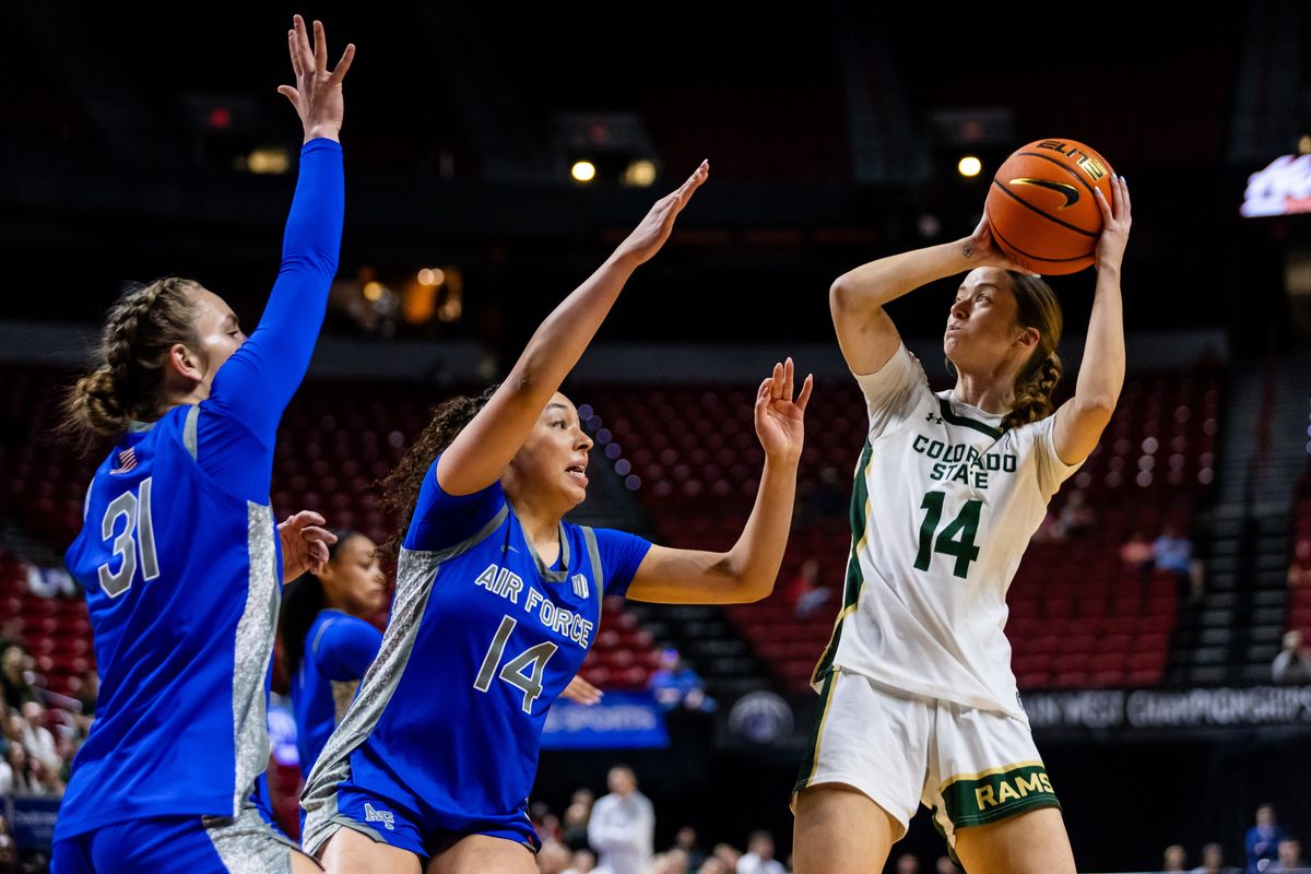 Colorado State Rams guard Marta Leimane (14) shoots the ball during a Mountain West Tournament championship game between Air Force and the Colorado State Rams, Tuesday March 10, 2026 in Las Vegas, Nev.