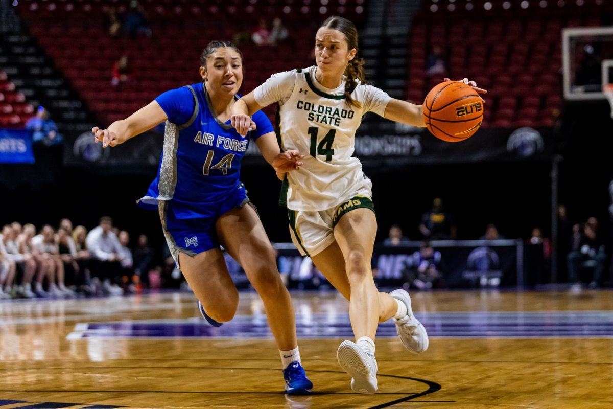 Colorado State Rams guard Marta Leimane (14) looks to drive towards the basket during a Mountain West Tournament championship game between Air Force and the Colorado State Rams, Tuesday March 10, 2026 in Las Vegas, Nev.