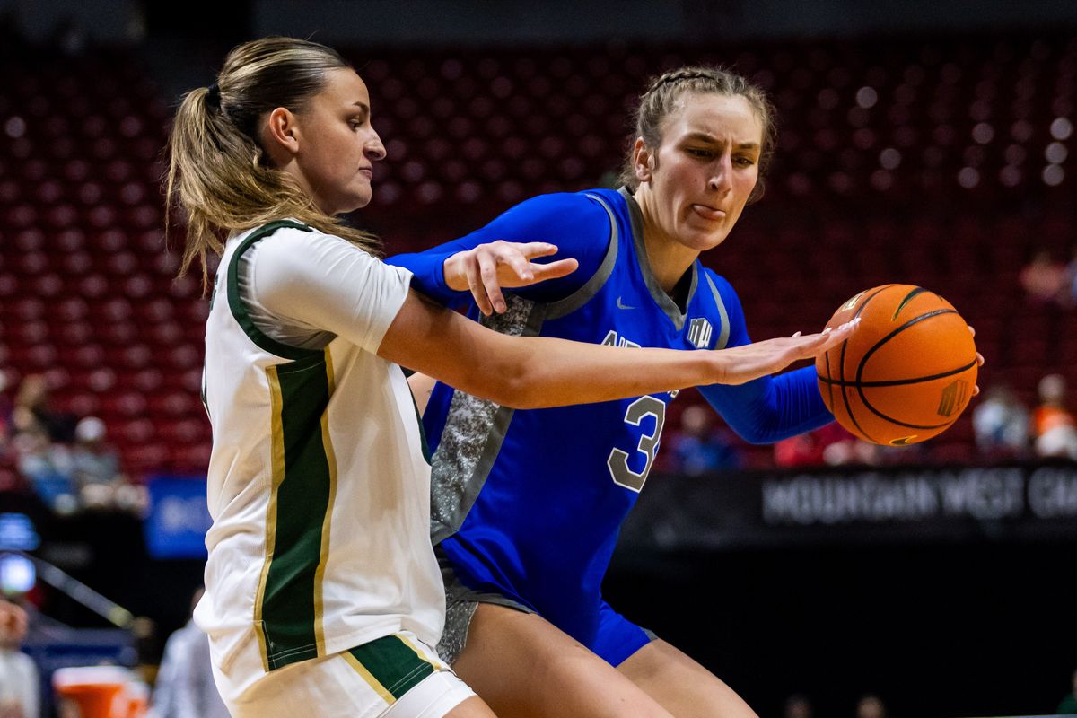 Air Force forward Emily Adams (31) backs down the ball towards the basket during a Mountain West Tournament championship game between Air Force  and the Colorado State Rams, Tuesday March 10, 2026 in Las Vegas, Nev.