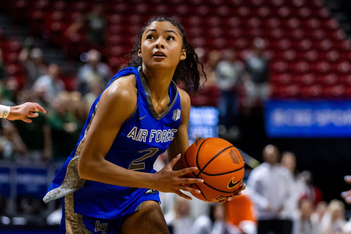 Air Force guard Milahnie Perry (2) looks to shoot the ball during a Mountain West Tournament championship game between Air Force  and the Colorado State Rams, Tuesday March 10, 2026 in Las Vegas, Nev.