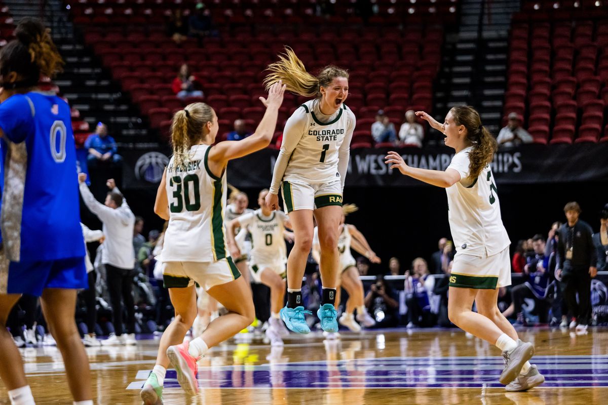 Colorado State Rams jump in celebration as the final buzzer goes off during a Mountain West Tournament championship game between Air Force and the Colorado State Rams, Tuesday March 10, 2026 in Las Vegas, Nev.
