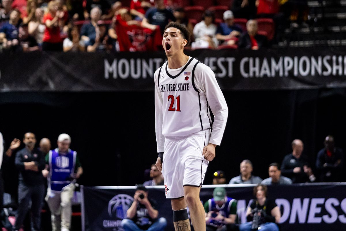 San Diego Aztecs guard Miles Byrd (21) yells in celebration after a made basket during a Mountain West Championship tournament quarterfinal game between the San Diego Aztecs and the Colorado State Rams, Thursday March 12, 2026 in Las Vegas, Nev.