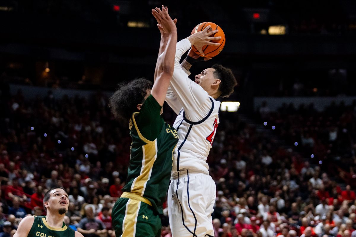 San Diego Aztecs guard Miles Byrd (21) goes for a contested lay-up during a Mountain West Championship tournament quarterfinal game between the San Diego Aztecs and the Colorado State Rams, Thursday March 12, 2026 in Las Vegas, Nev.