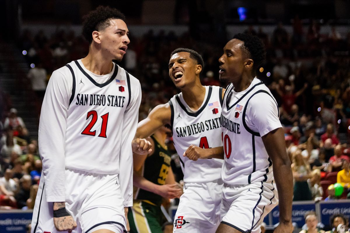 San Diego Aztecs guard Miles Byrd (21) celebrates with guard Sean Newman Jr. (4) and guard BJ Davis (10) after Byrd makes an and-one basket during a Mountain West Championship tournament quarterfinal game between the San Diego Aztecs and the Colorado State Rams, Thursday March 12, 2026 in Las Vegas, Nev.