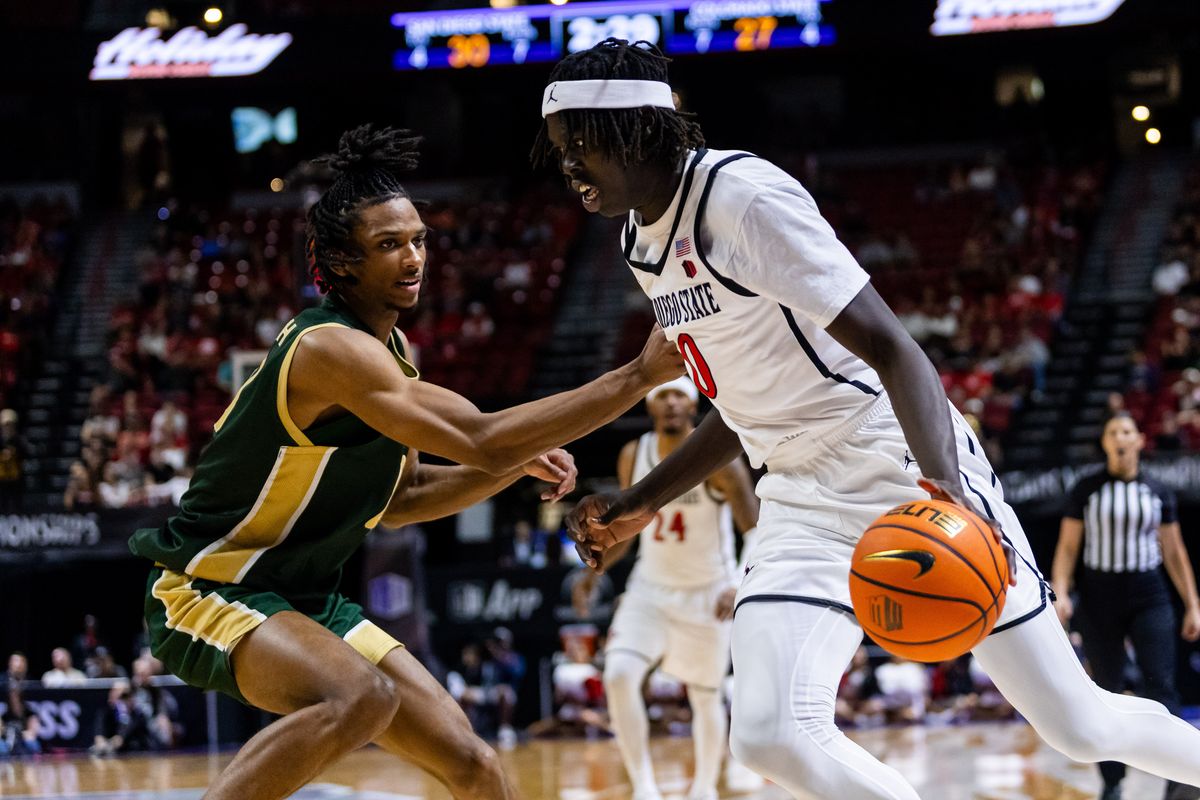 San Diego Aztecs forward Magoon Gwath (0) dribbles the ball along the baseline during a Mountain West Championship tournament quarterfinal game between the San Diego Aztecs and the Colorado State Rams, Thursday March 12, 2026 in Las Vegas, Nev.