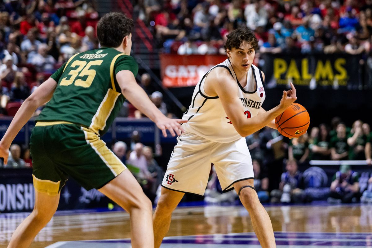San Diego Aztecs forward Miles Heide (40) looks to pass the ball during a Mountain West Championship tournament quarterfinal game between the San Diego Aztecs and the Colorado State Rams, Thursday March 12, 2026 in Las Vegas, Nev.