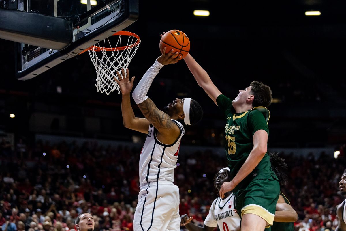 San Diego Aztecs guard Taj DeGourville (24) shot is blocked by Colorado State Rams forward Kyle Jorgensen (35) during a Mountain West Championship tournament quarterfinal game between the San Diego Aztecs and the Colorado State Rams, Thursday March 12, 2026 in Las Vegas, Nev.
