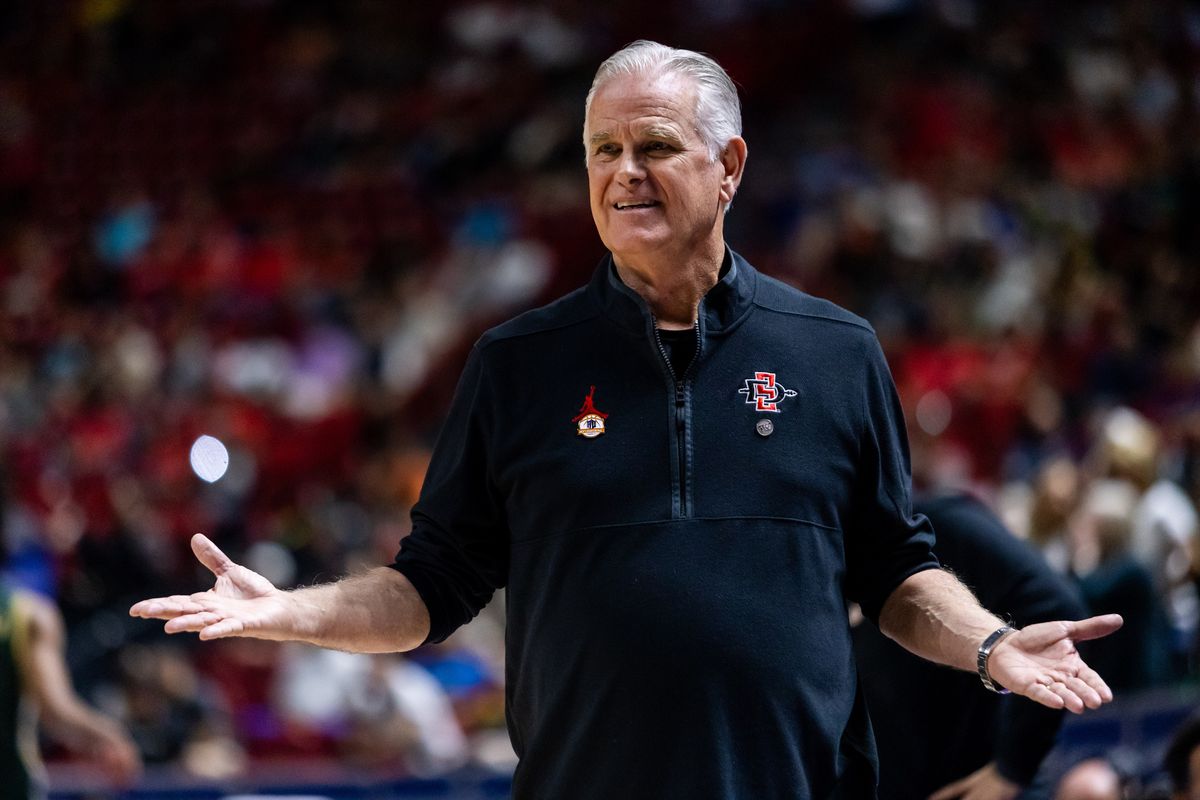 San Diego Aztecs head coach Brian Dutcher questions a foul call on the Aztecs during a Mountain West Championship tournament quarterfinal game between the San Diego Aztecs and the Colorado State Rams, Thursday March 12, 2026 in Las Vegas, Nev.