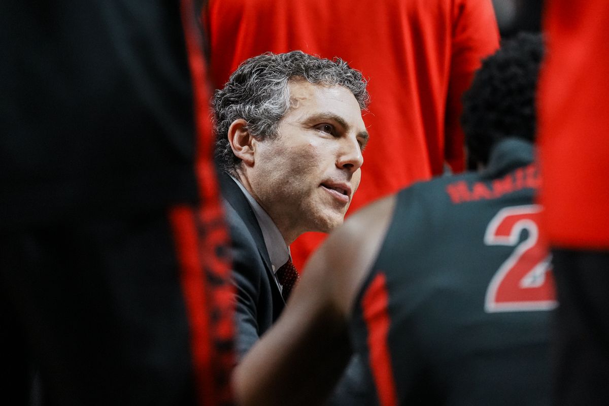 UNLV Runnin’ Rebels coach Josh Pastner coaches his team while in timeout during the second round of a Mountain West Championship tournament game between the UNLV and Utah State on Thursday March 12, 2026 in Las Vegas, Nev.