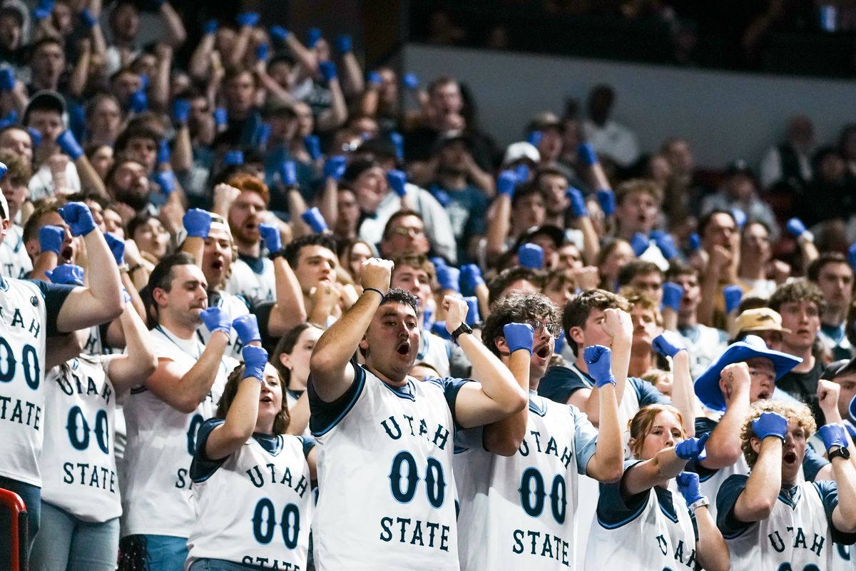 Utah State fans cheer for their team during second round of Mountain West Championship tournament game between the UNLV and Utah State on Thursday March 12, 2026 in Las Vegas, Nev.