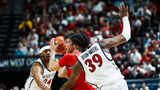 San Diego State guard Reese Dixon-Waters (39) guards New Mexico Luke Haupt (3) during  semifinal Mountain West Championship tournament game between San Diego State and New Mexico on Friday March 13, 2026 in Las Vegas, Nev.