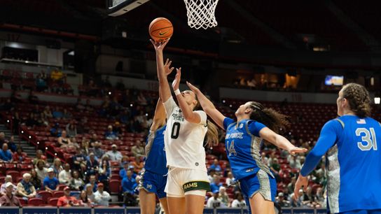 Colorado State Rams forward Madelyn Bragg (0) attempts a layup against Air Force on Tuesday, March 10, 2026, at the Thomas & Mack Center in Las Vegas.