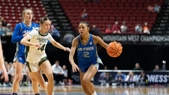 Air Force guard Milahine Perry (2) drives up toward the basket against Colorado State guard Marta Leimane (14) on Tuesday, March 10, 2026, at the Thomas & Mack Center in Las Vegas.