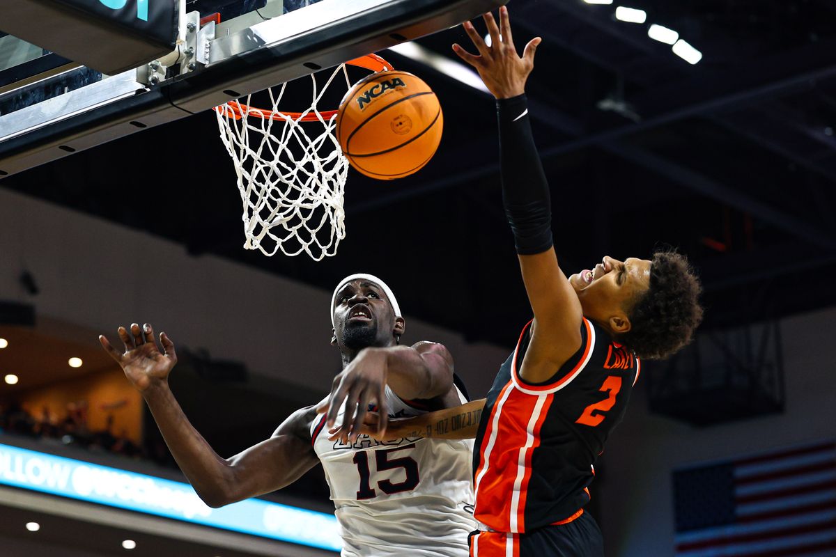 Gonzaga Bulldogs F Graham Ike (15) blocks the shot attempt by Oregon State Beavers G Josiah Lake II during the 2026 WCC Tournament Semi-Finals on Monday March 9, 2026, in Las Vegas, Nevada. 