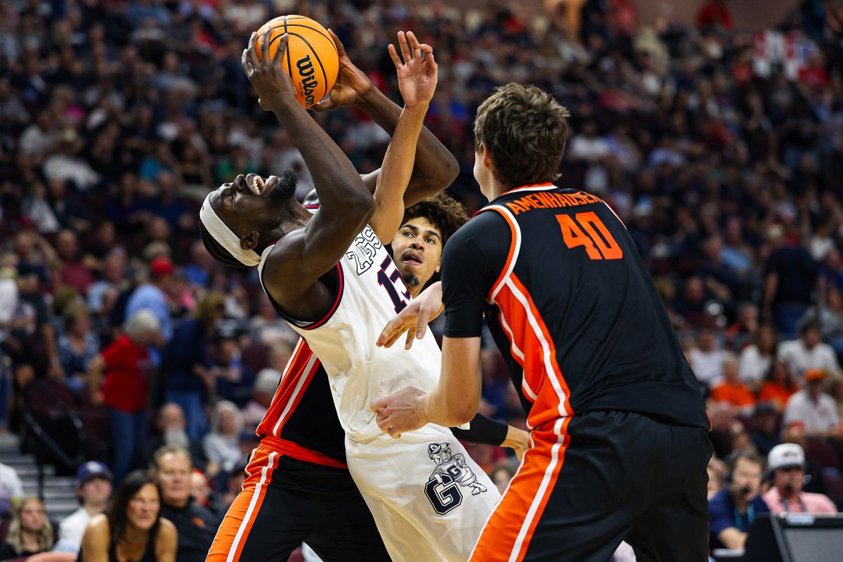 Gonzaga Bulldogs F Graha Ike (15) reacts as he is fouled during the 2026 WCC Tournament Semi-Finals against the Oregon State Beavers on Monday March 9, 2026, in Las Vegas, Nevada. 