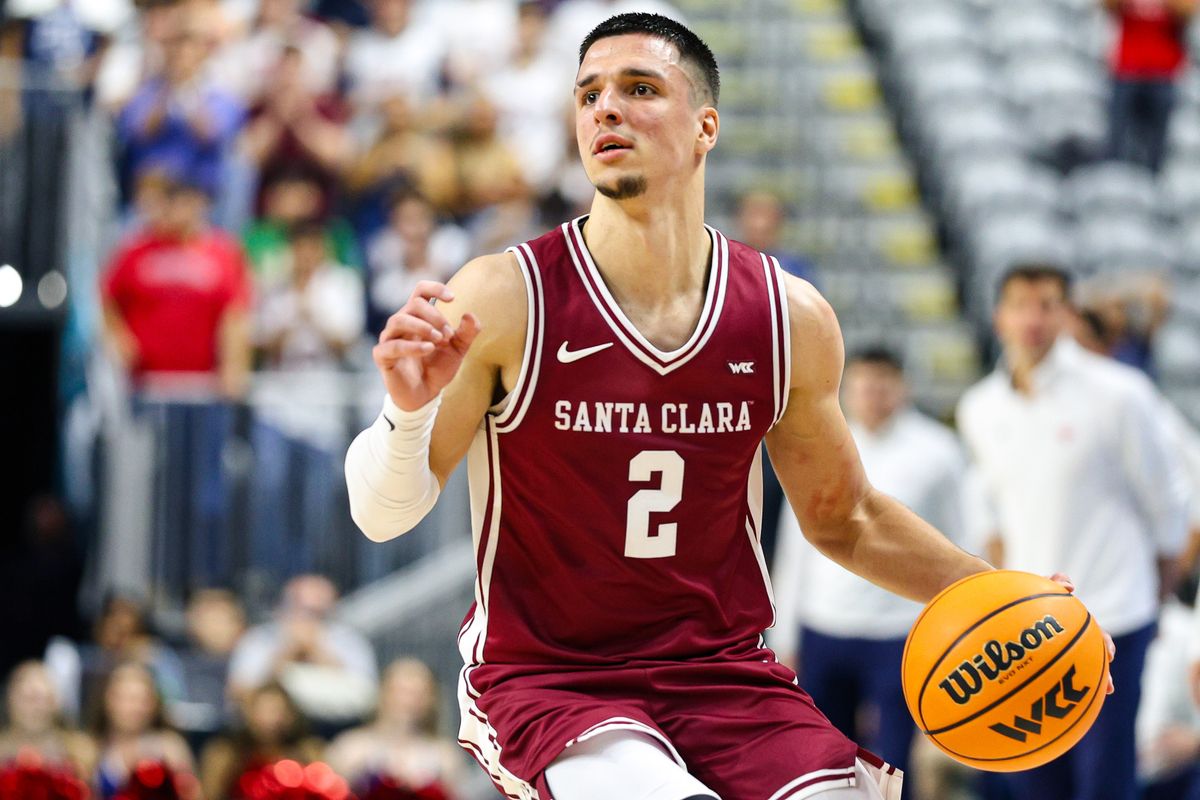 Santa Clara Broncos G Sash Gavalyugov (2) looks for a passing lane during the 2026 WCC Tournament Semi-Finals against the Saint Mary's Gaels on Monday March 9, 2026, in Las Vegas, Nevada. 