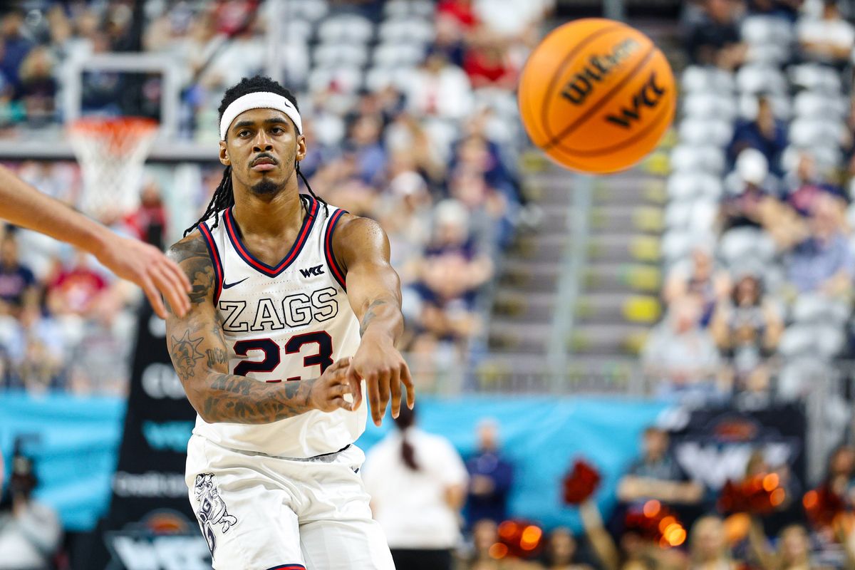 Gonzaga Bulldogs G Adam Miller (23) passes the ball to his teammate during the 2026 WCC Tournament Semi-Finals against the Oregon State Beavers on Monday March 9, 2026, in Las Vegas, Nevada. 