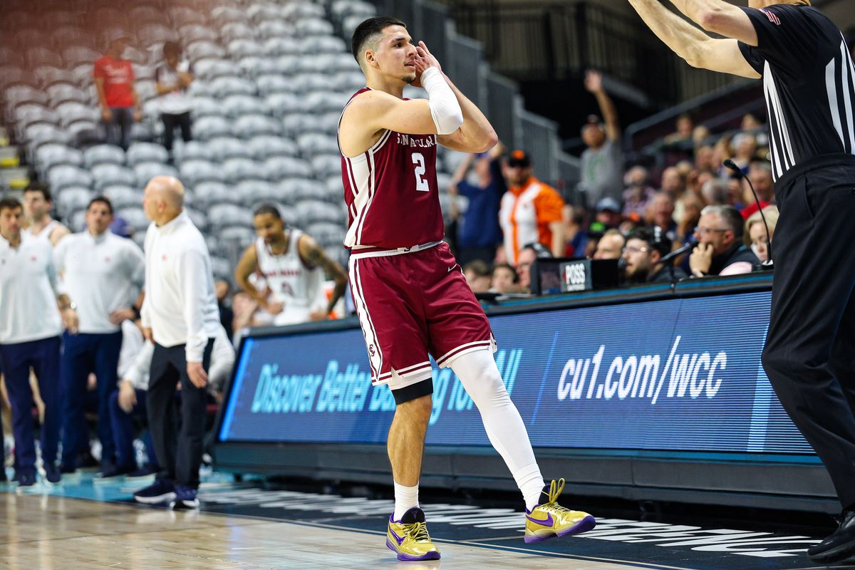Santa Clara Broncos G Sash Gavalyugov (2) reacts after hitting a clutch three-point shot in the final seconds of their 2026 WCC Tournament Semi-Finals matchup against the Saint Mary's Gaels on Monday March 9, 2026, in Las Vegas, Nevada. 
