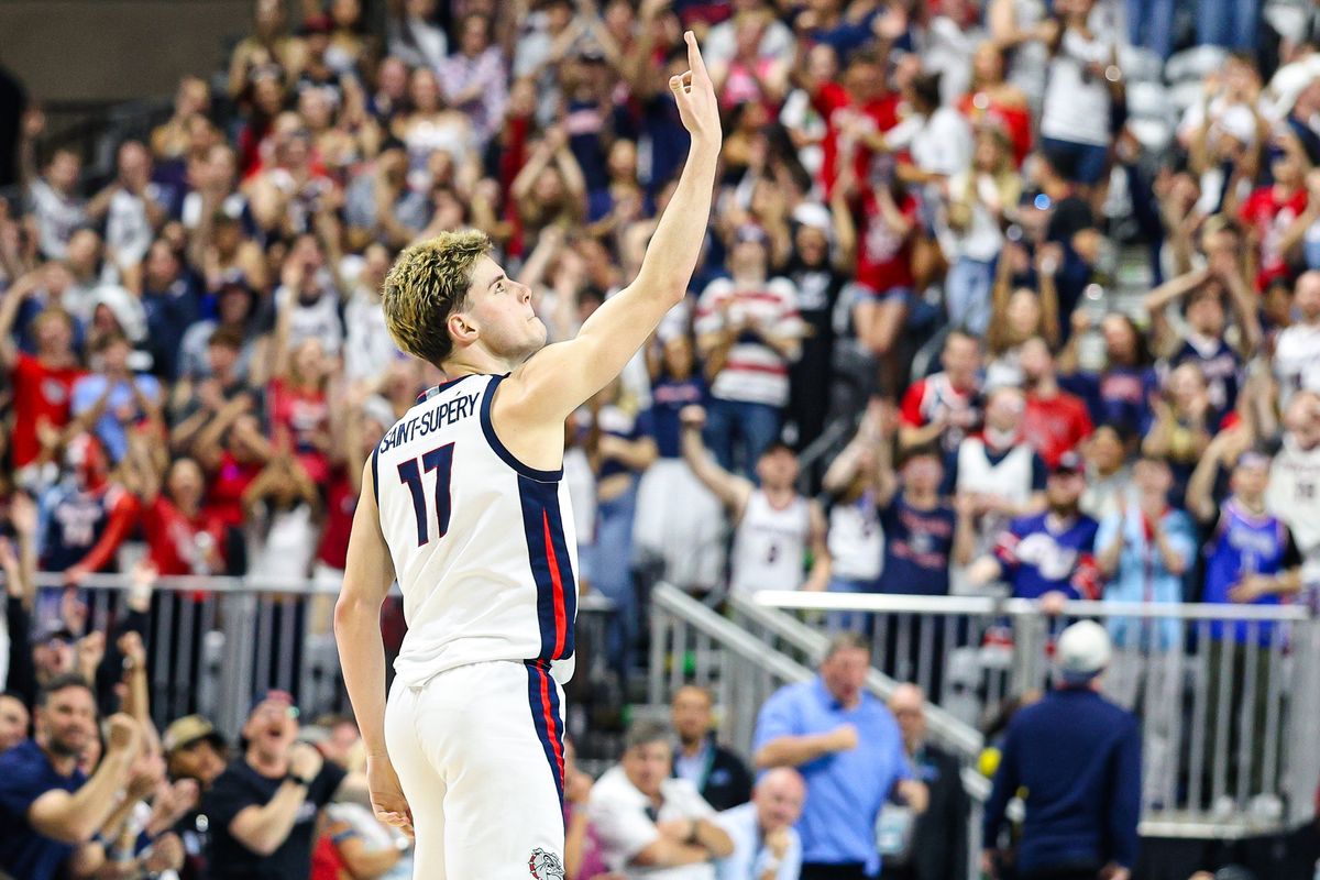 Gonzaga Bulldogs freshman G Mario Saint-Supréy (17) reacts after he drains a three-point shot during the 2026 WCC Conference Championship Game against the Santa Clara Broncos on Tuesday, March 10, 2026, in Las Vegas, Nevada. 
