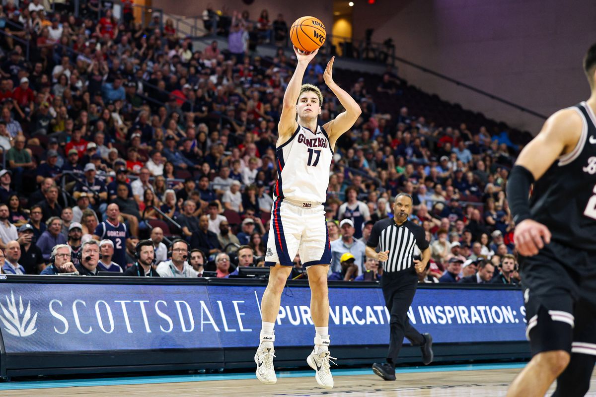 Gonzaga Bulldogs freshman G Mario Saint-Supéry (17) shoots an uncontested three-point shot during the 2026 WCC Conference Championship Game against the Santa Clara Broncos on Tuesday, March 10, 2026, in Las Vegas, Nevada. 