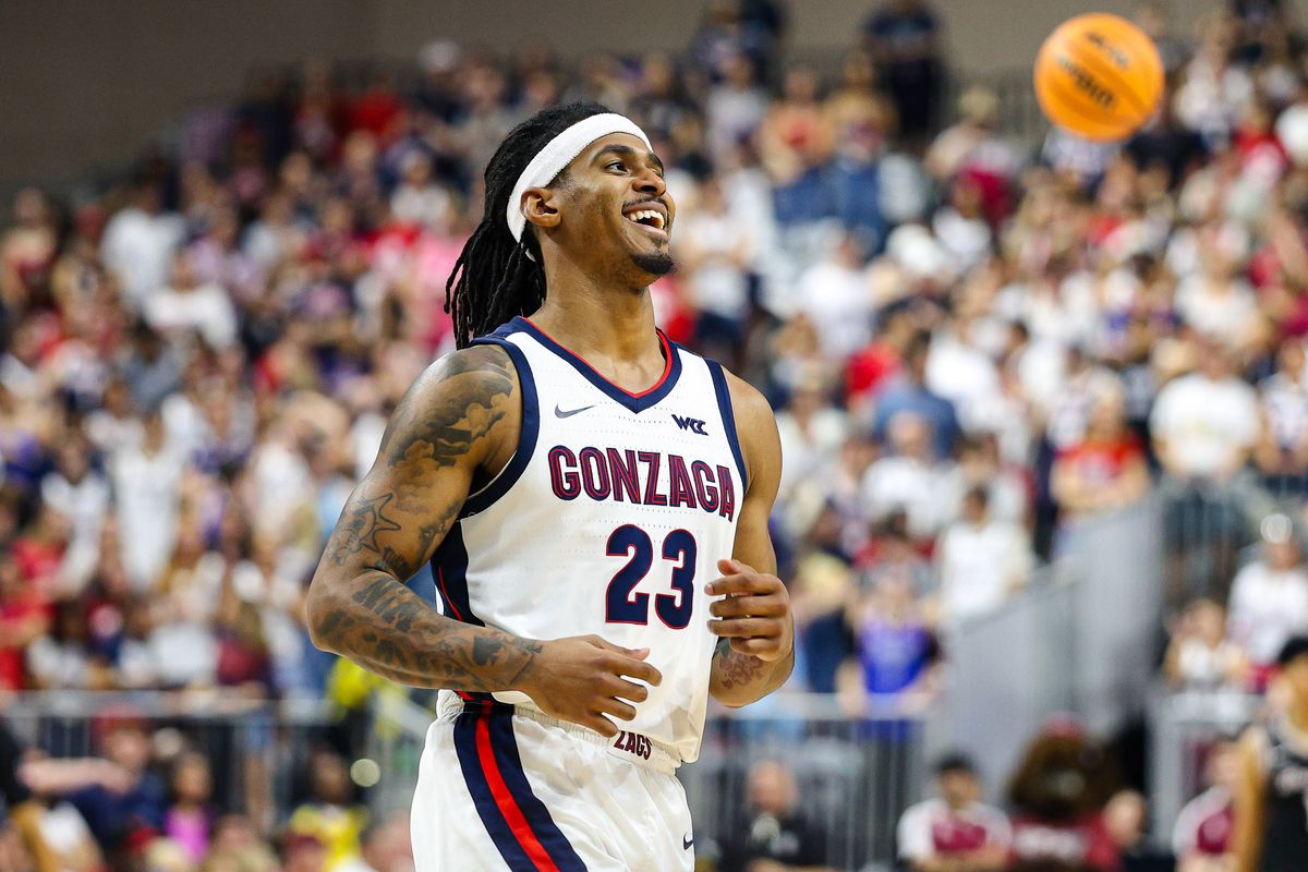Gonzaga Bulldogs G Adam Miller (23) smiles after a foul committed by the Santa Clara Broncos in the final seconds of the 2026 WCC Conference Championship Game on Tuesday, March 10, 2026, in Las Vegas, Nevada. 