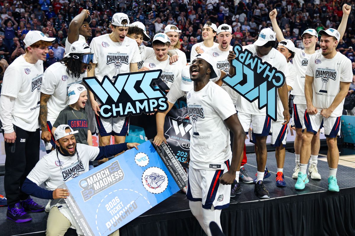 The Gonzaga Bulldogs celebrate after they defeated the Santa Clara Broncos during the 2026 WCC Conference Championship Game on Tuesday, March 10, 2026, in Las Vegas, Nevada. 