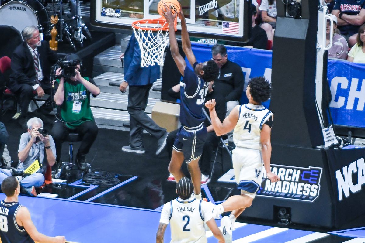 Utah State wing Adlan Elamin (35) dunks the ball during an NCCA March Madness game against Villanova Friday March 20, 2026 in San Diego , California. Utah State wing Adlan Elamin (35) dunks the ball during an NCCA March Madness game against Villanova Friday March 20, 2026 in San Diego , California.
