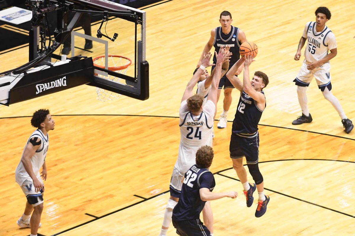 Utah State guard Mason Falsey (12) shoots a shot during an NCCA March Madness game against Villanova Friday March 20, 2026 in San Diego , California. Utah State guard Mason Falsey (12) shoots a shot during an NCCA March Madness game against Villanova Friday March 20, 2026 in San Diego , California.