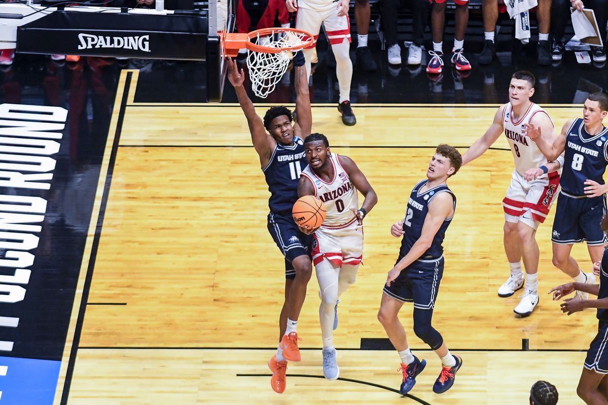Arizona guard Jaden Bradley (0) makes a running layup during an NCAA East Region second round game against Utah State Sunday March 22, 2026 in San Diego, California. Arizona guard Jaden Bradley (0) makes a running layup during an NCAA East Region second round game against Utah State Sunday March 22, 2026 in San Diego, California.
