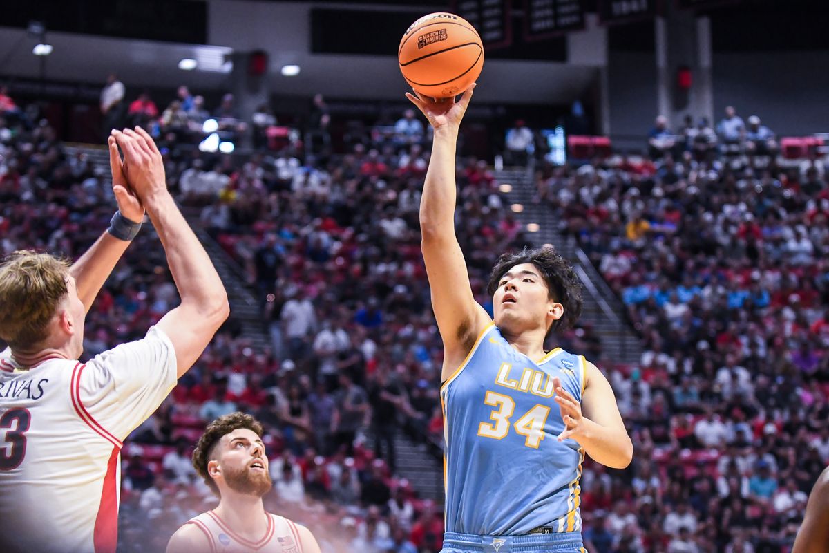 LIU Forward Xinyi Li (34)  shoot a shot during an NCCA March Madness game against  Arizona Friday March 20, 2026 in San Diego, California.