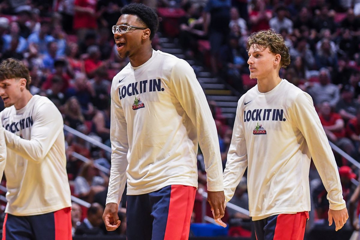 Arizona guard Bryce James (6) reacts during a timeout during an NCCA March Madness game against  LIU Friday March 20, 2026 in San Diego, California.