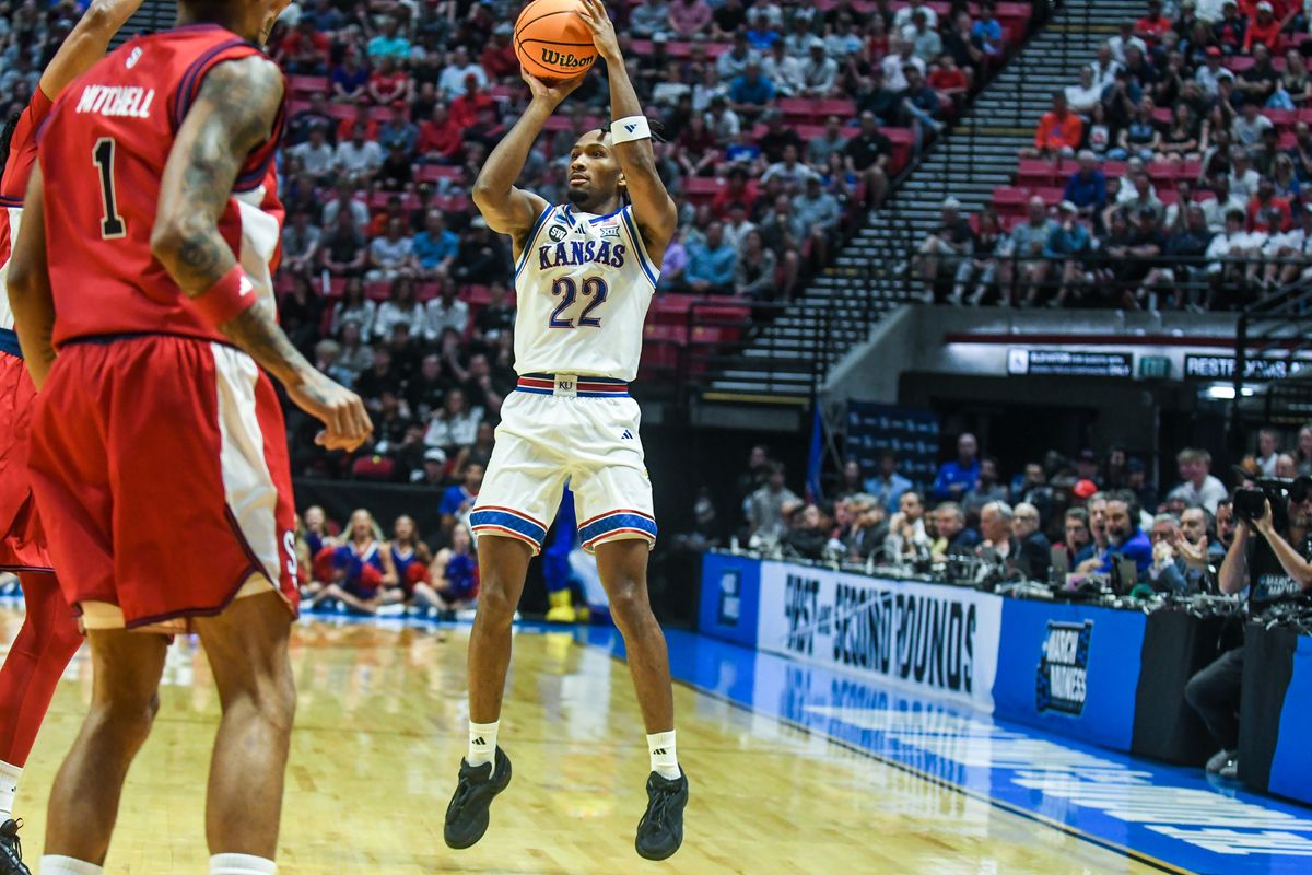 Kansas guard Darryn Peterson (22) shoots the ball  during an NCAA East Region second round game against St. John’s Sunday March 22, 2026 in  San Diego, California.