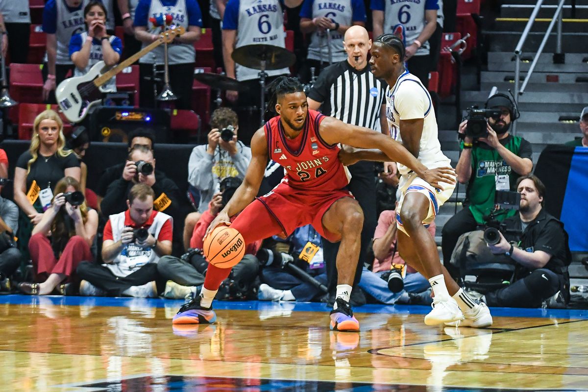 St. Johns forward Zuby Ejiofor (24) maneuvers to shoot during an NCAA East Region second round game against  Kansas  Sunday March 22, 2026 in  San Diego, California.