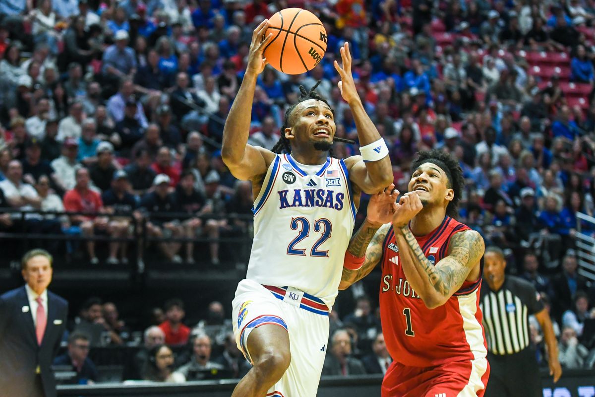 Kansas guard Darryn Peterson (22) drives the basket during an NCAA East Region second round game against  St. John’s   Sunday March 22, 2026 in  San Diego, California.