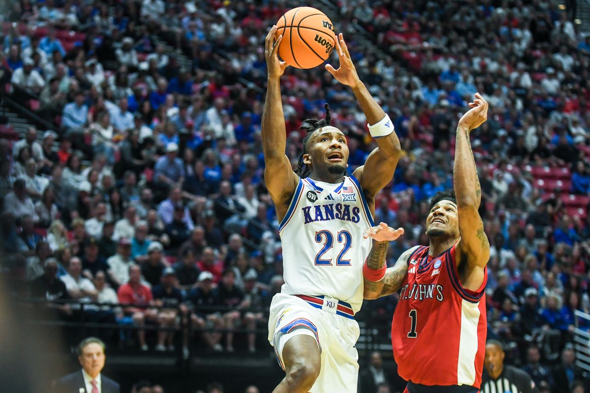 Kansas guard Darryn Peterson (22) drives the basket during an NCAA East Region second round game against  St. John’s   Sunday March 22, 2026 in  San Diego, California.