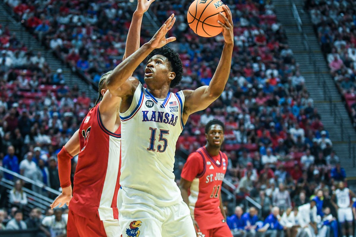 Kansas forward Bryson Tiller (15) shoots the ball  during an NCAA East Region second round game against  St. John’s  Sunday March 22, 2026 in  San Diego, California.