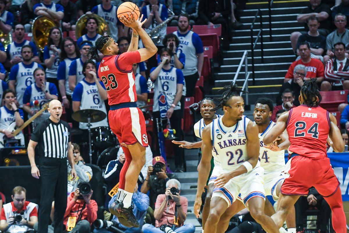 St. Johns guard Bryce Hopkins (23) shoots the ball  during an NCAA East Region second round game against  Kansas Sunday March 22, 2026 in  San Diego, California.