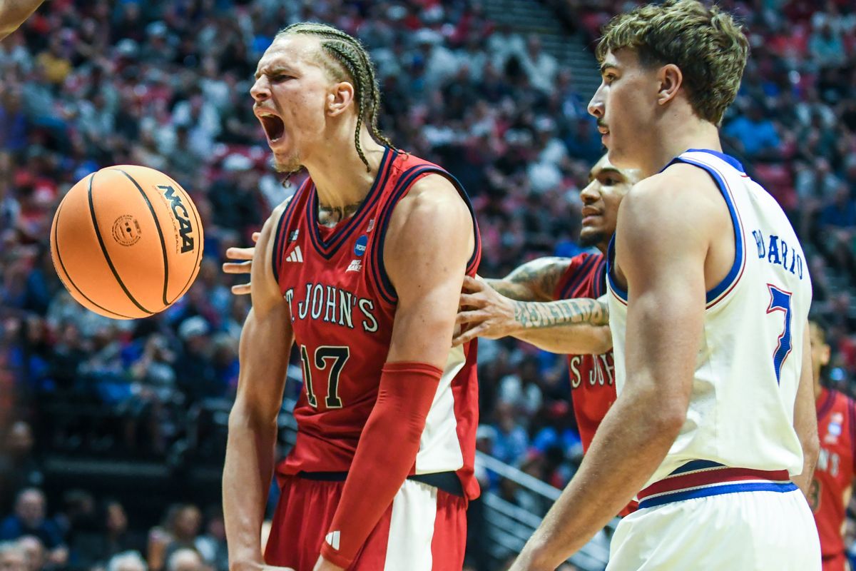 St. John’s forward Ruben Prey (17) reacts to making a shot during an NCAA East Region second round game against  Kansas Sunday March 22, 2026 in  San Diego, California.