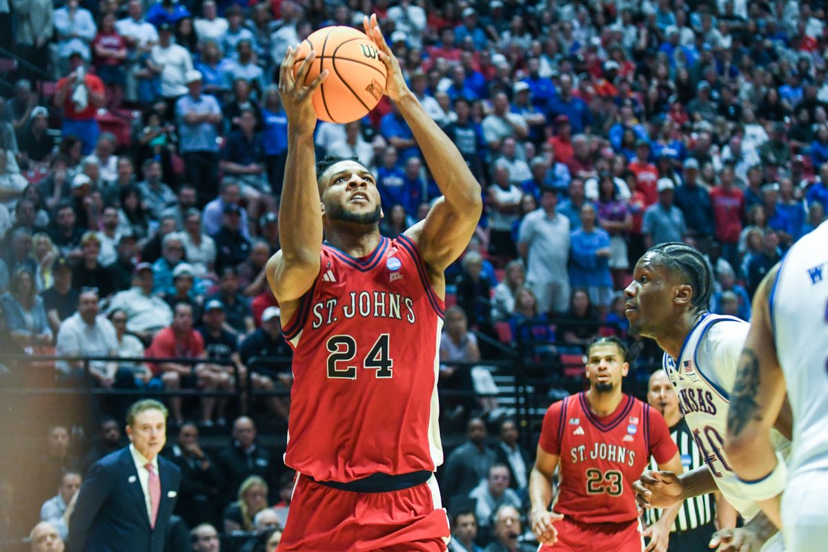 St. John’s forward Zuby Ejiofor (24) shoots the ball  during an NCAA East Region second round game against  Kansas Sunday March 22, 2026 in  San Diego, California.