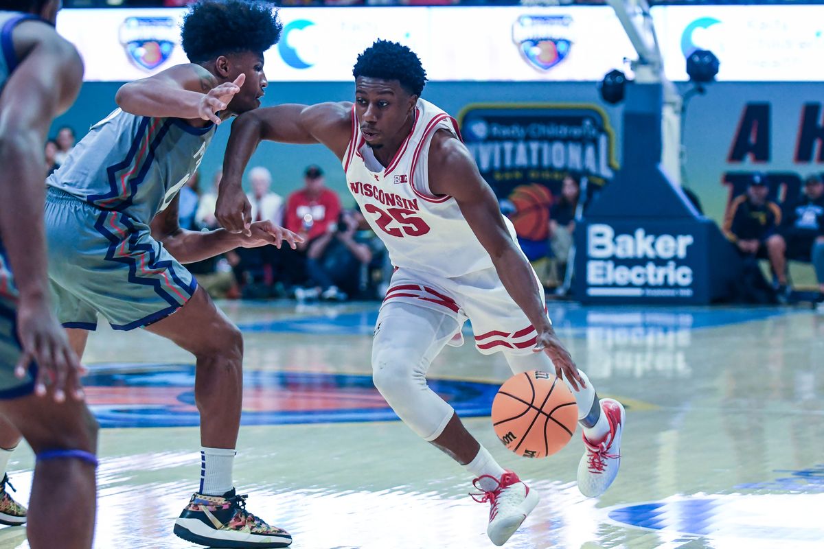 Wisconsin guard John Blackwell (25) drives to the basket during an NCAA basketball  game against TCU, Friday November 28, 2025 in  San Diego, California.