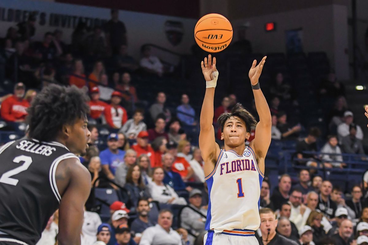 Florida guard Xaivian Lee (1) releases a jumper shot during an NCAA basketball  game against Providence`, Friday November 28, 2025 in  San Diego, California.