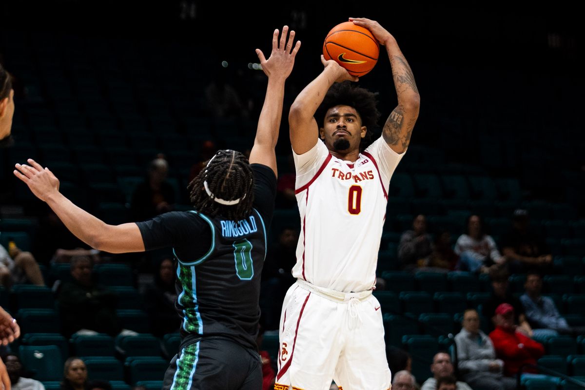 USC forward Saint Thomas (0) shoots the ball during a College Basketball Crown Tournament game between the USC Trojans and the Tulane Green Wave, Tuesday April 1, 2025 in Las Vegas, Nev.