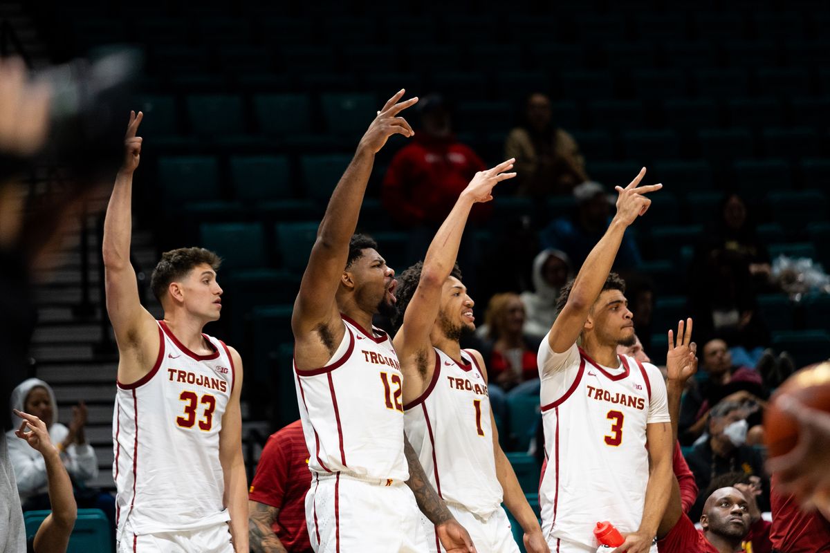 USC bench celebrates after a Trojan 3 point shot during a College Basketball Crown Tournament game between the USC Trojans and the Tulane Green Wave, Tuesday April 1, 2025 in Las Vegas, Nev.