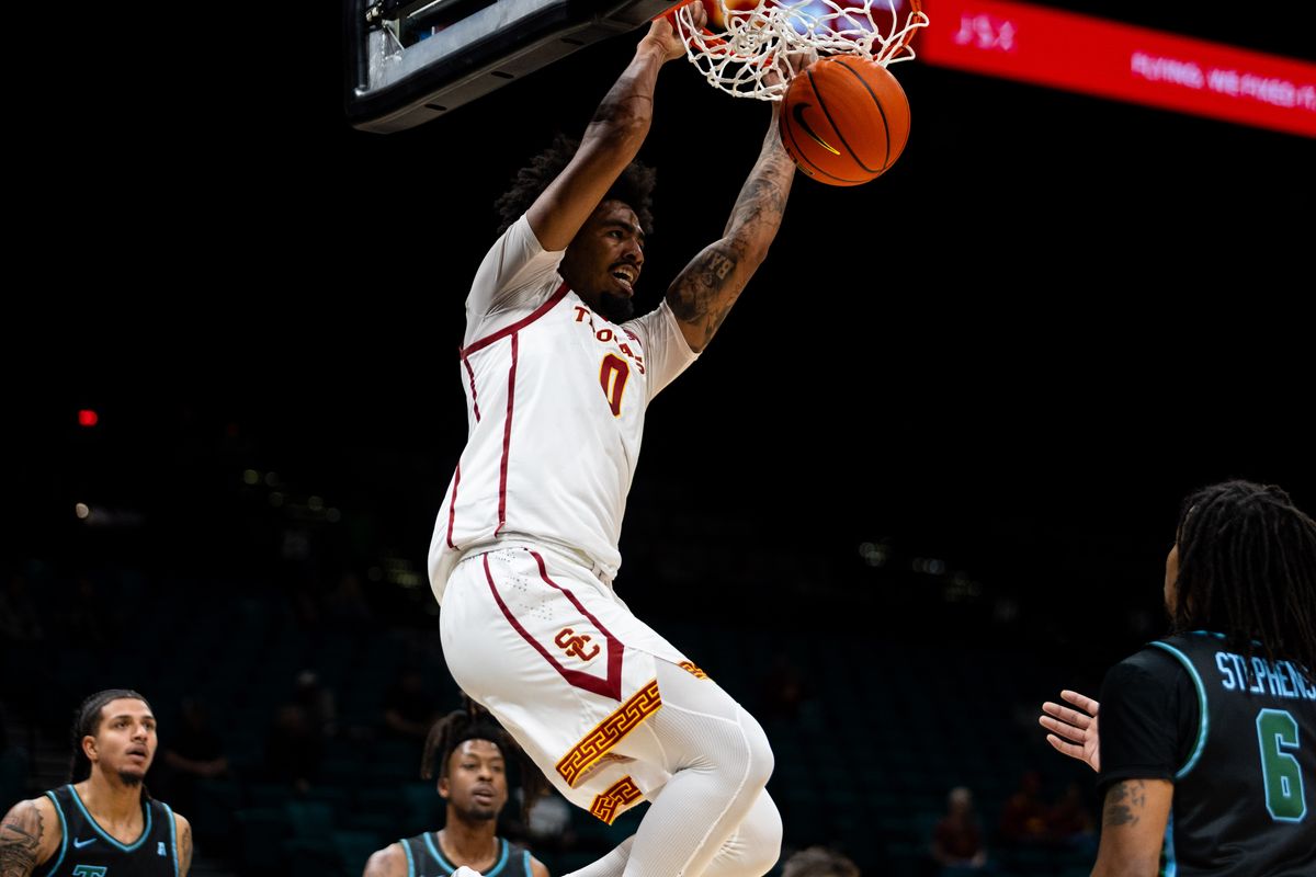 USC forward Saint Thomas (0) dunks the ball during a College Basketball Crown Tournament game between the USC Trojans and the Tulane Green Wave, Tuesday April 1, 2025 in Las Vegas, Nev.