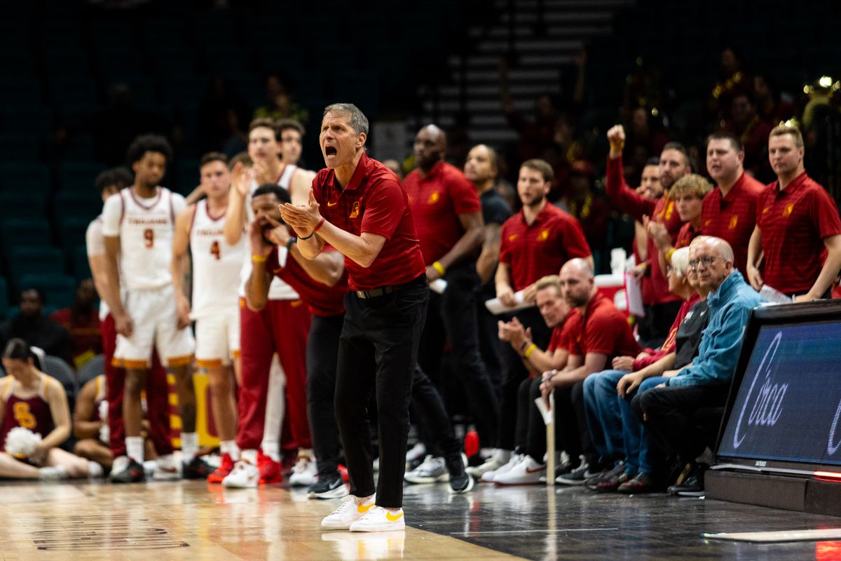 USC Head Coach Eric Musselman celebrates after an and-one basket by the Trojans during a College Basketball Crown Tournament game between the USC Trojans and the Tulane Green Wave, Tuesday April 1, 2025 in Las Vegas, Nev.
