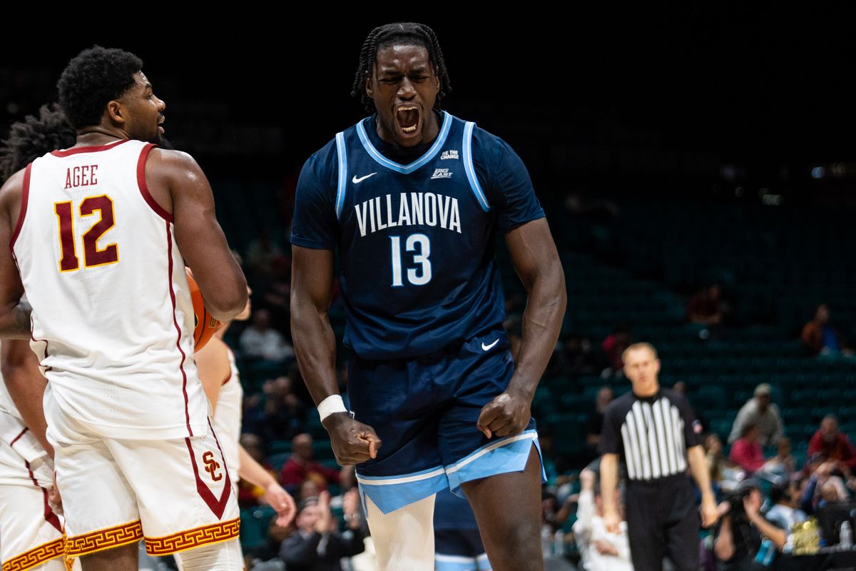 Villanova forward Enoch Boakye (13) yells in celebration after an and-one bucket during a College Basketball Crown Tournament game between the USC Trojans and the Villanova Wildcats, Thursday April 3, 2025 in Las Vegas, Nev.