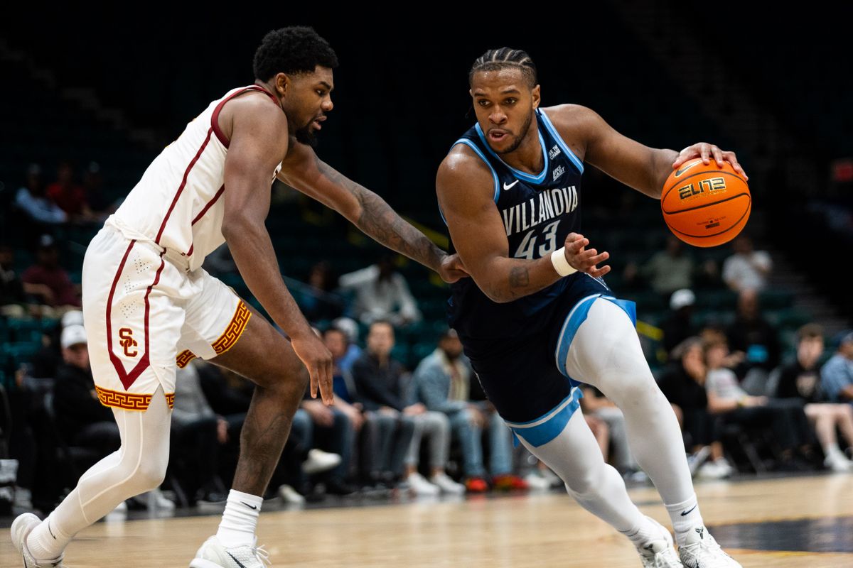 Villanova forward Eric Dixon (43) looks to dribble towards the basket during a College Basketball Crown Tournament game between the USC Trojans and the Villanova Wildcats, Thursday April 3, 2025 in Las Vegas, Nev.