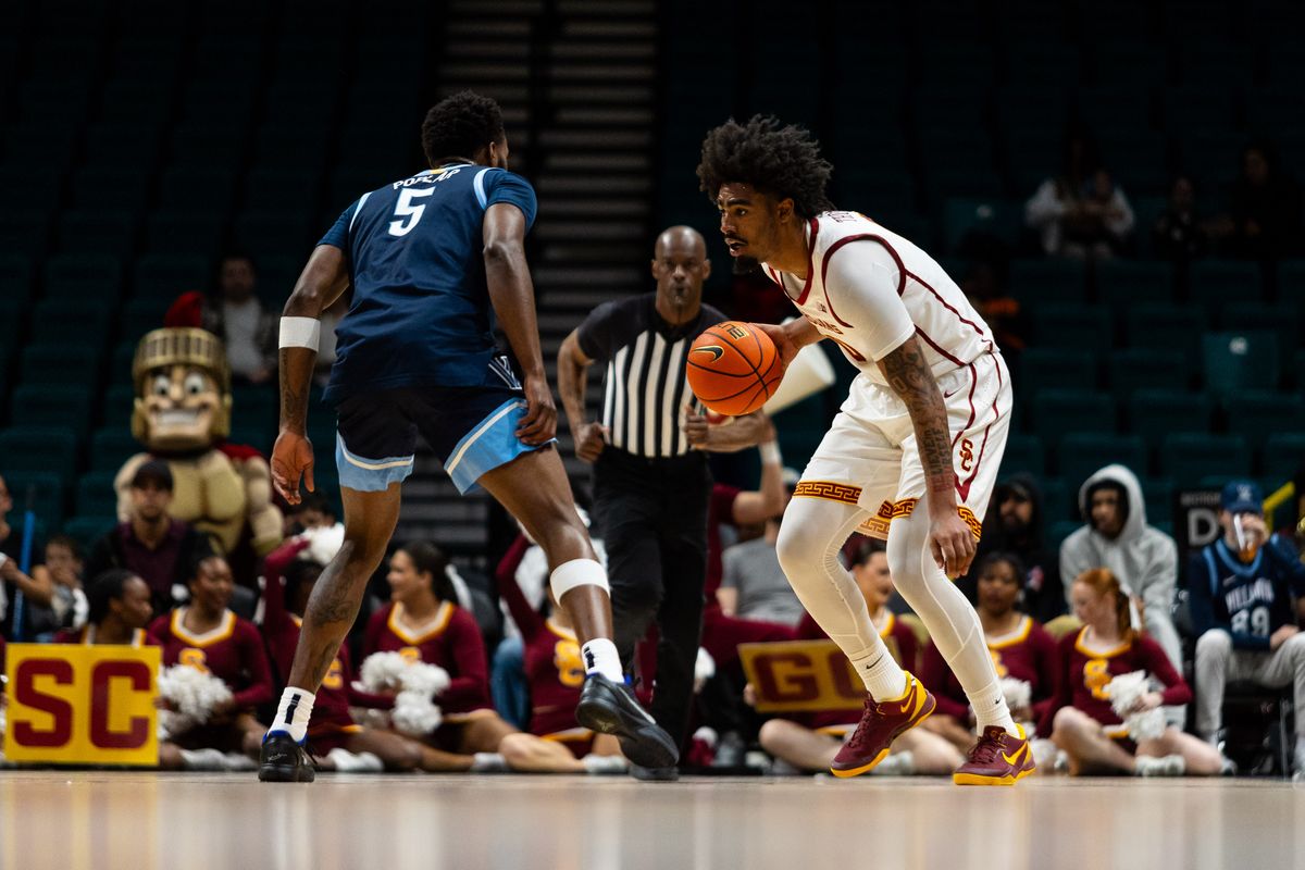 USC forward Saint Thomas (0) looks to dribble the ball up the court during a College Basketball Crown Tournament game between the USC Trojans and the Villanova Wildcats, Thursday April 3, 2025 in Las Vegas, Nev.